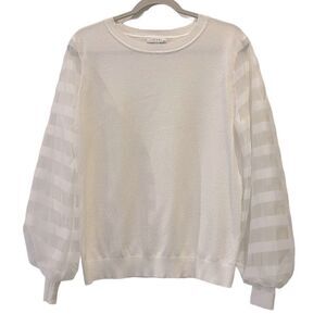 Sioni Striped Balloon Sleeve White Crewneck Sweater Contemporary Large‍‍‍‍‍‍‍‍‍﻿